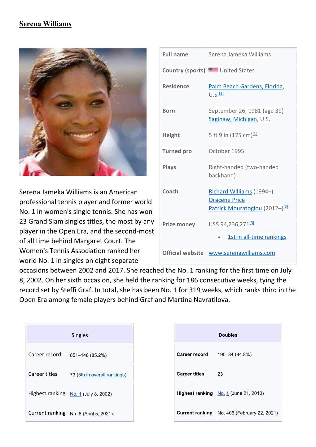 Serena Williams Serena Jameka Williams Is an American