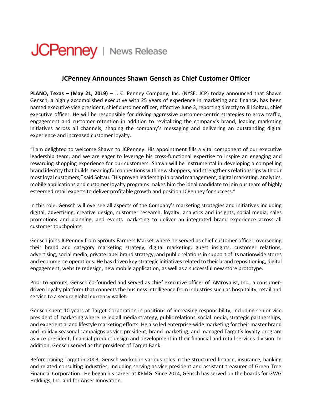 Jcpenney Announces Shawn Gensch As Chief Customer Officer