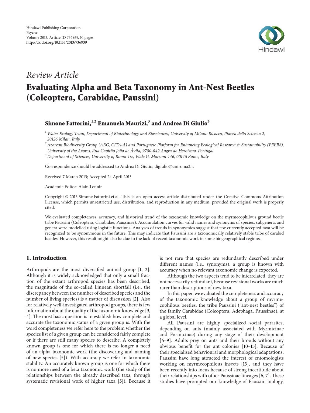 Review Article Evaluating Alpha and Beta Taxonomy in Ant-Nest Beetles (Coleoptera, Carabidae, Paussini)