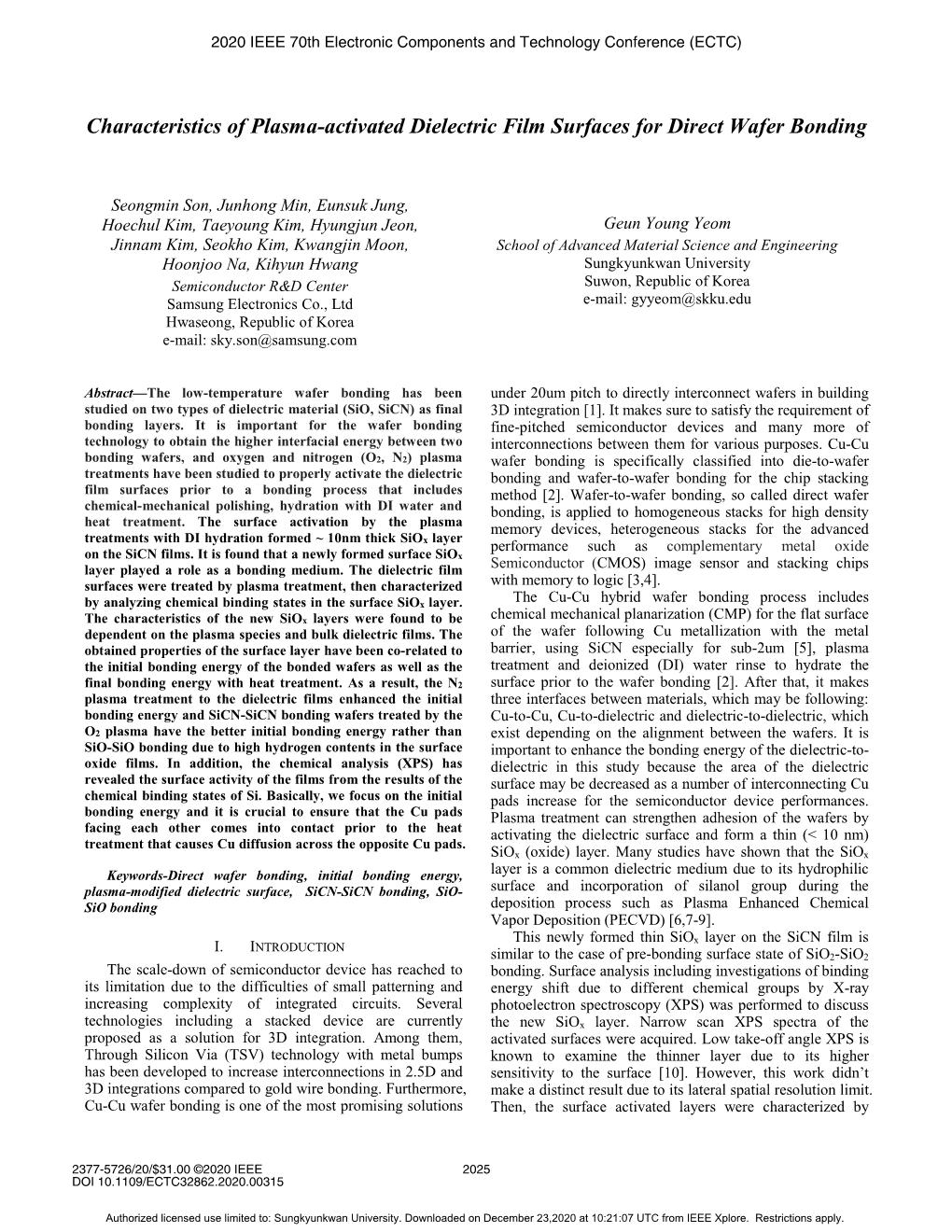 Characteristics of Plasma-Activated Dielectric Film Surfaces for Direct Wafer Bonding 