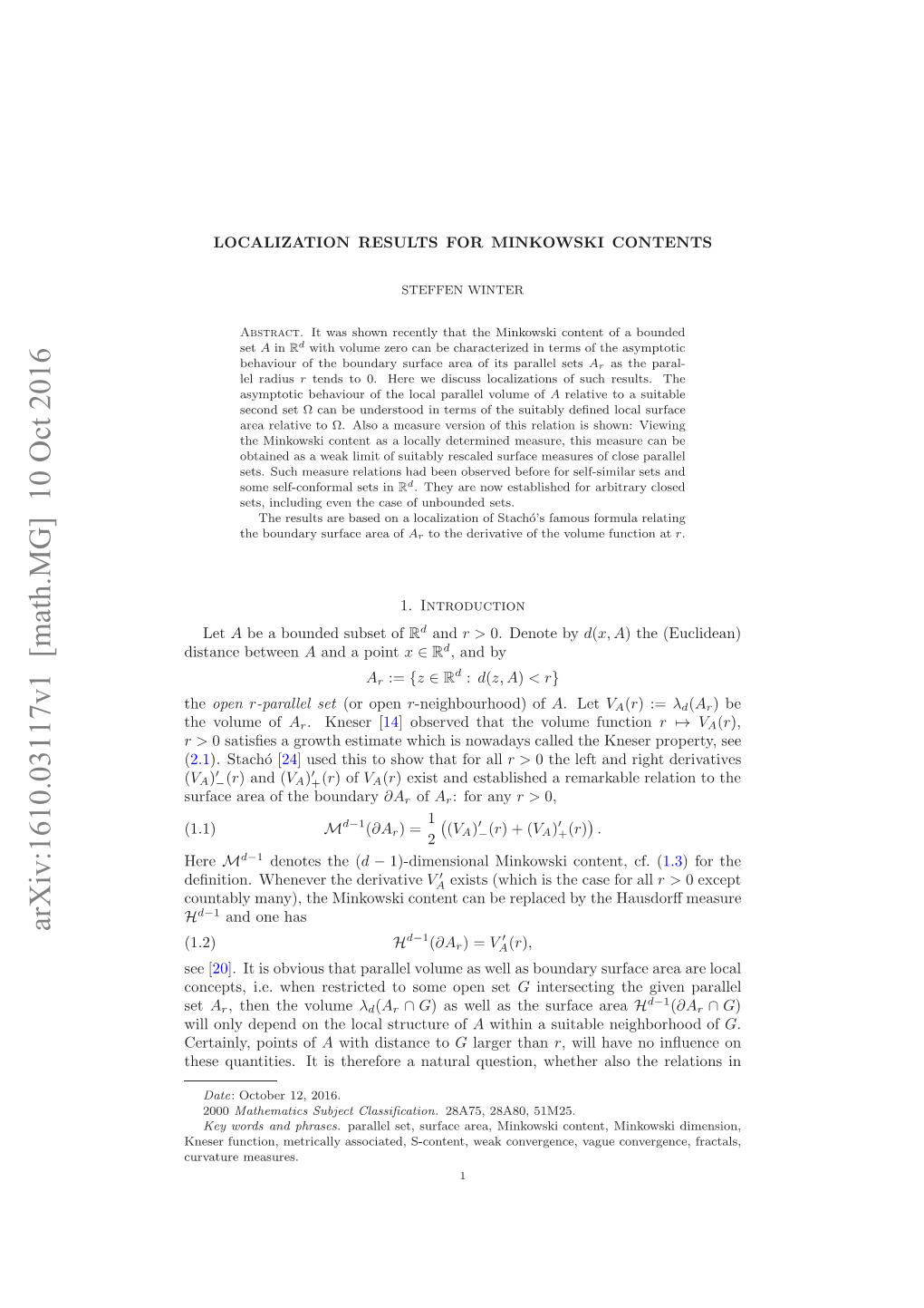 Localization Results for Minkowski Contents