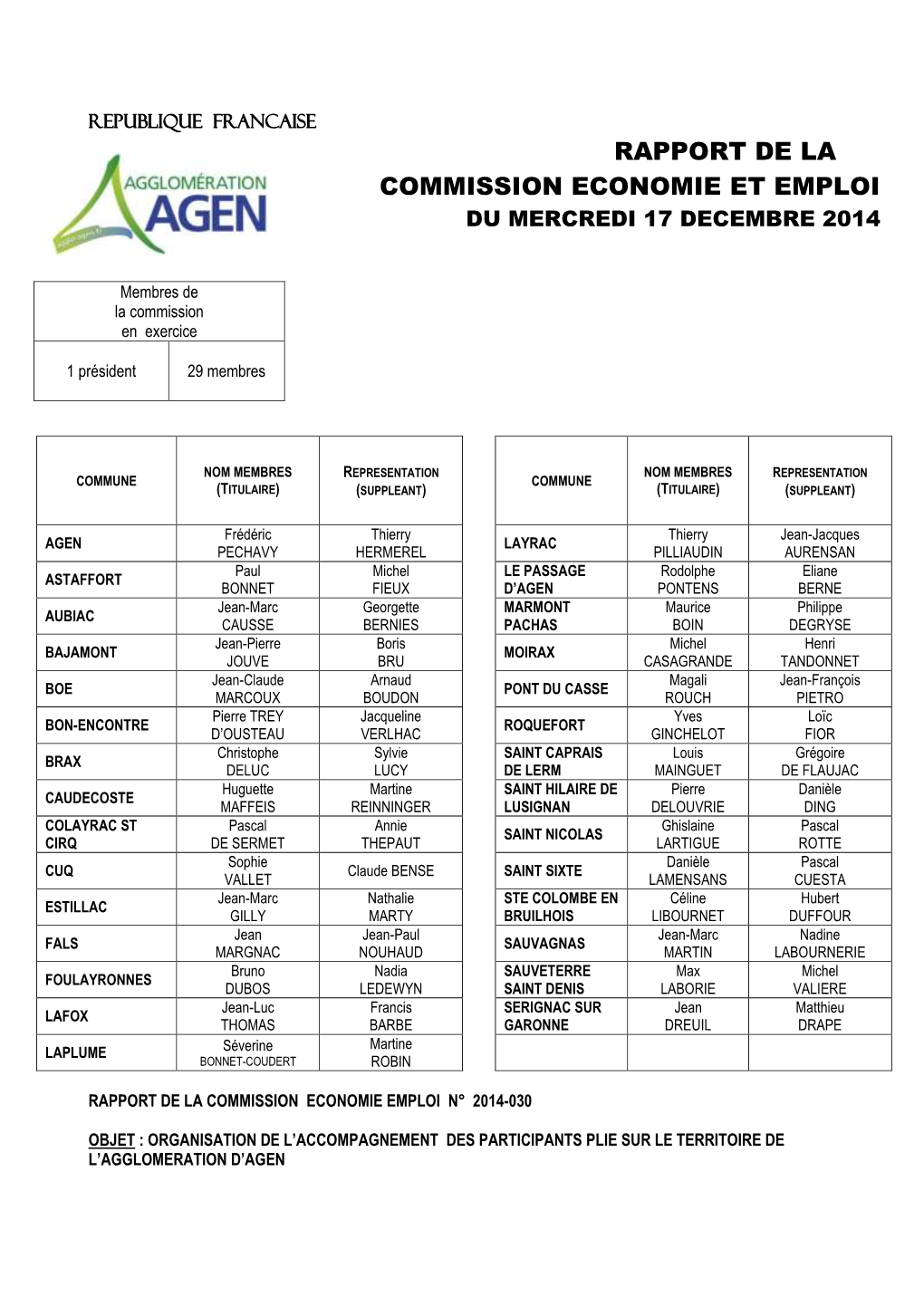 Rapport De La Commission Economie Et Emploi Du Mercredi 17 Decembre 2014