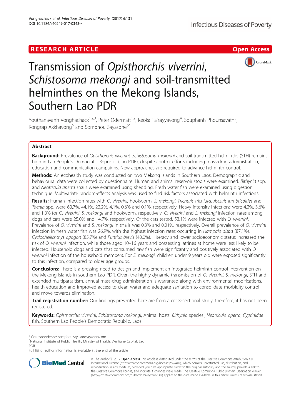 Transmission of Opisthorchis Viverrini, Schistosoma Mekongi and Soil-Transmitted Helminthes on the Mekong Islands, Southern