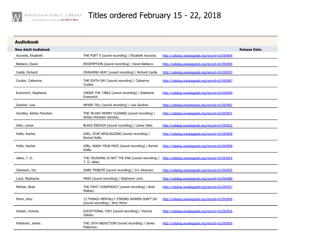 Titles Ordered February 15 - 22, 2018