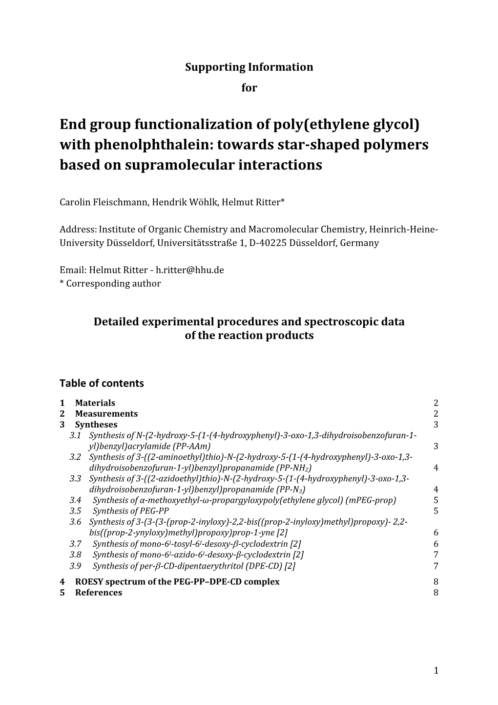 End Group Functionalization of Poly(Ethylene Glycol) with Phenolphthalein: Towards Star-Shaped Polymers Based on Supramolecular Interactions