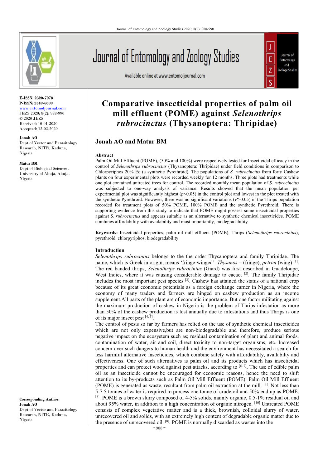 Comparative Insecticidal Properties of Palm Oil Mill Effluent (POME)