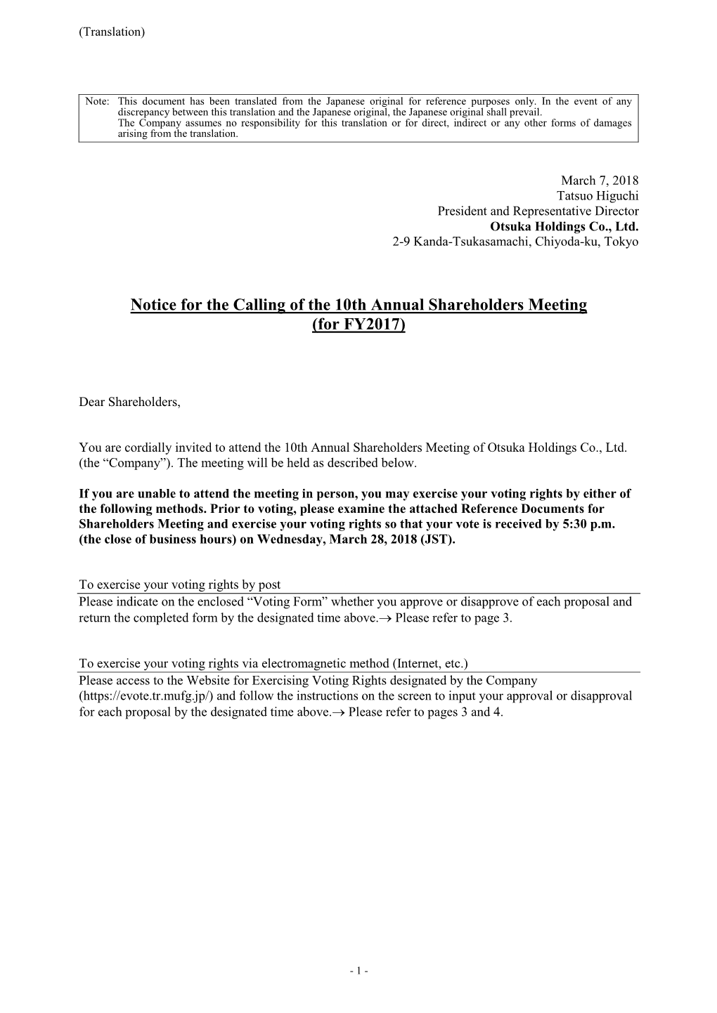 Notice for the Calling of the 10Th Annual Shareholders Meeting (For FY2017)