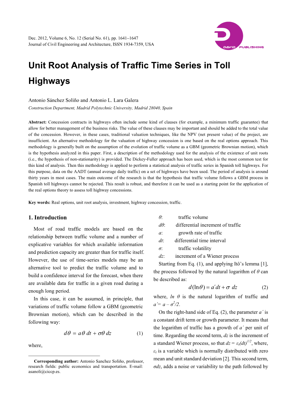 Unit Root Analysis of Traffic Time Series in Toll Highways