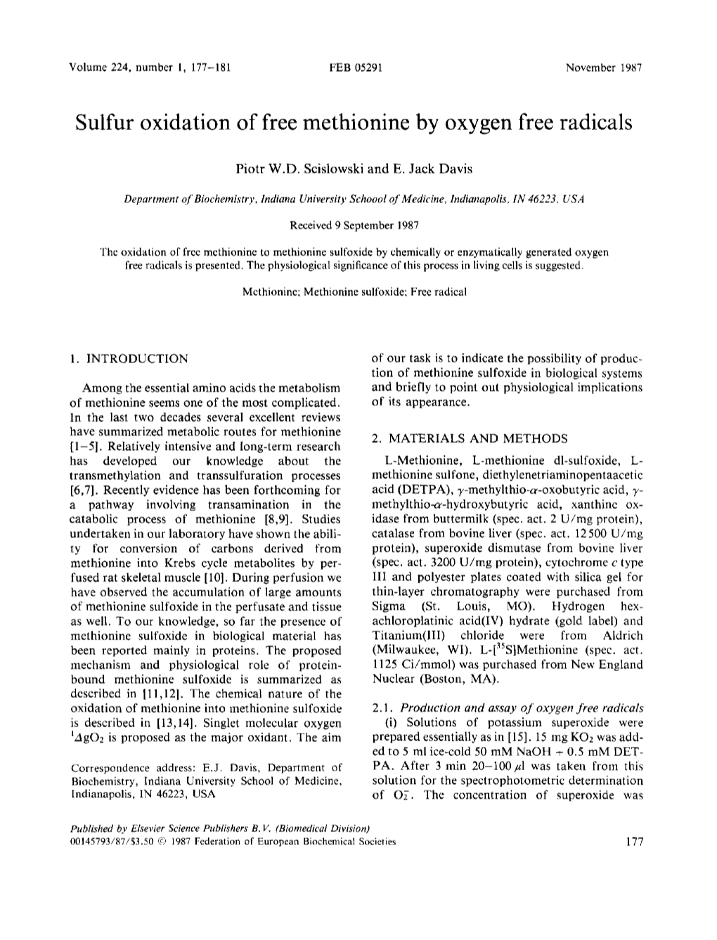 Sulfur Oxidation of Free Methionine by Oxygen Free Radicals