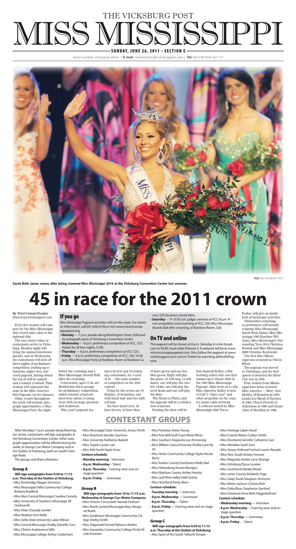 MISS MISSISSIPPI SUNDAY, JUNE 26, 2011 • SECTION E Karen Gamble, Managing Editor | E-Mail: Newsreleases@Vicksburgpost.Com | Tel: 601.636.4545 Ext 137