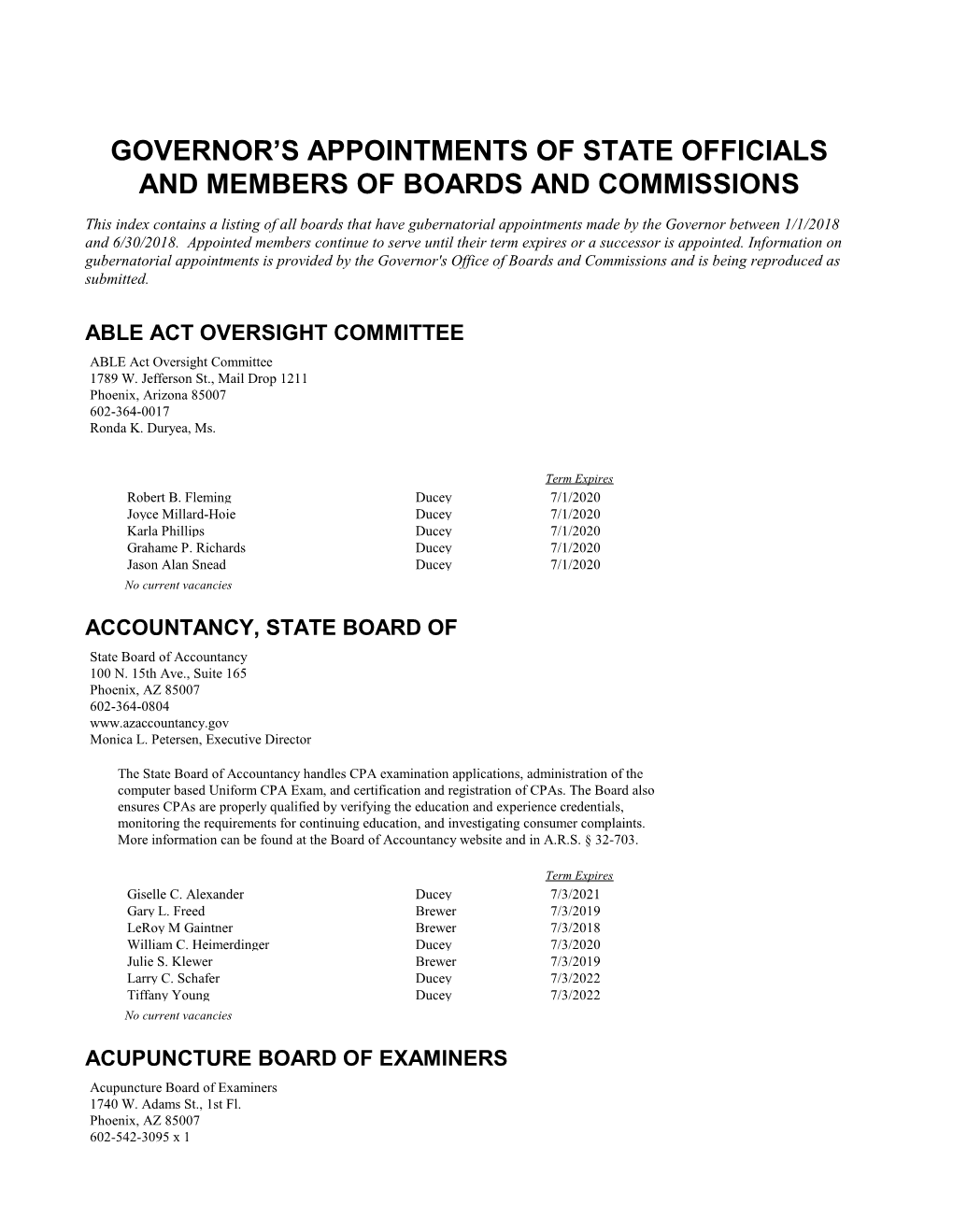 Governor's Appointments of State Officials and Members of Boards