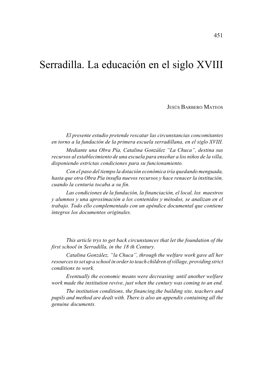 Serradilla. La Educación En El Siglo XVIII