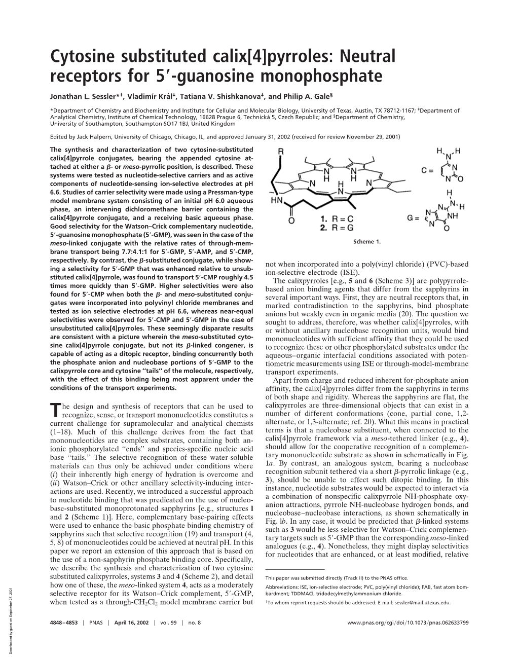 Cytosine Substituted Calix[4]Pyrroles: Neutral Receptors for 5 -Guanosine