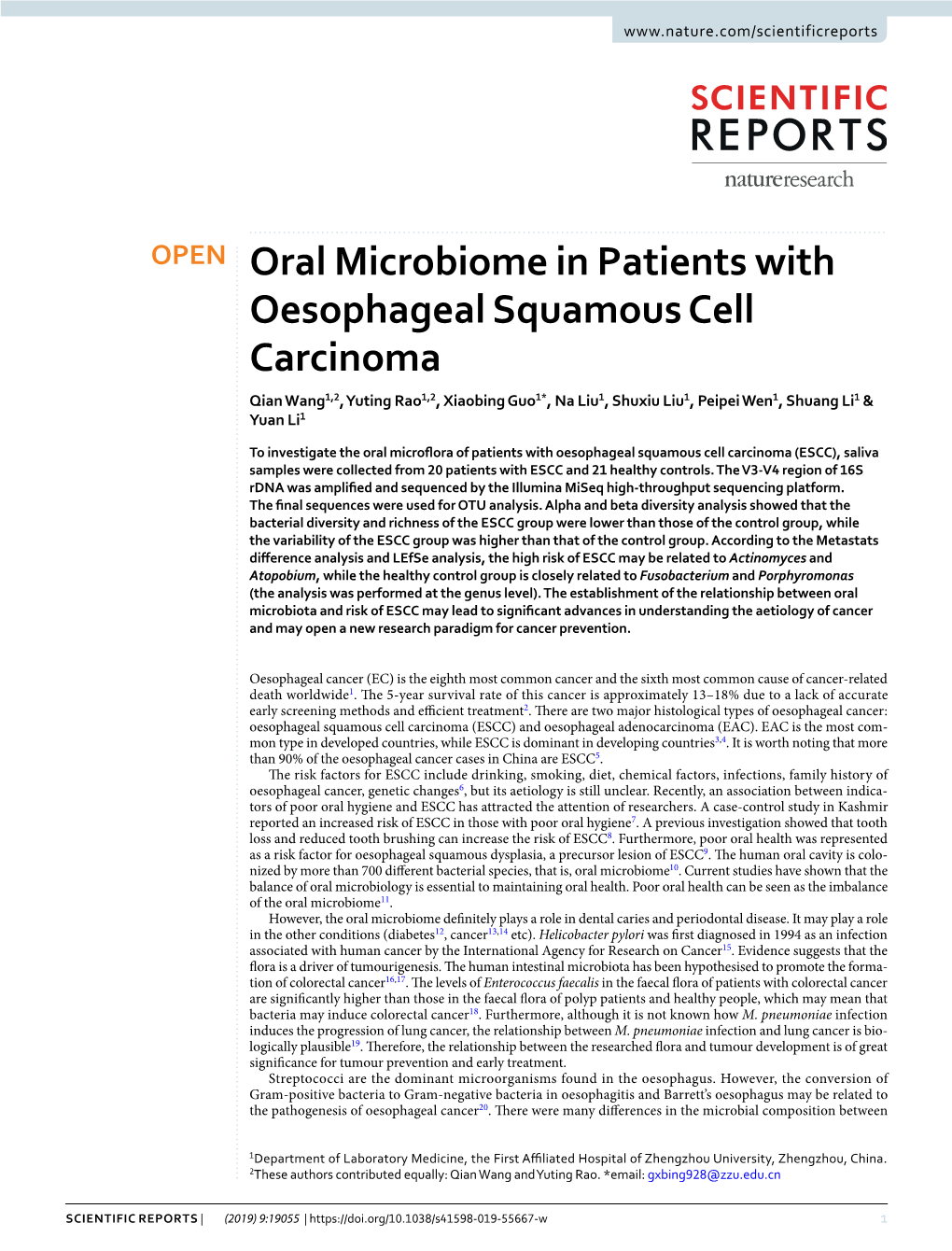 Oral Microbiome in Patients with Oesophageal Squamous Cell