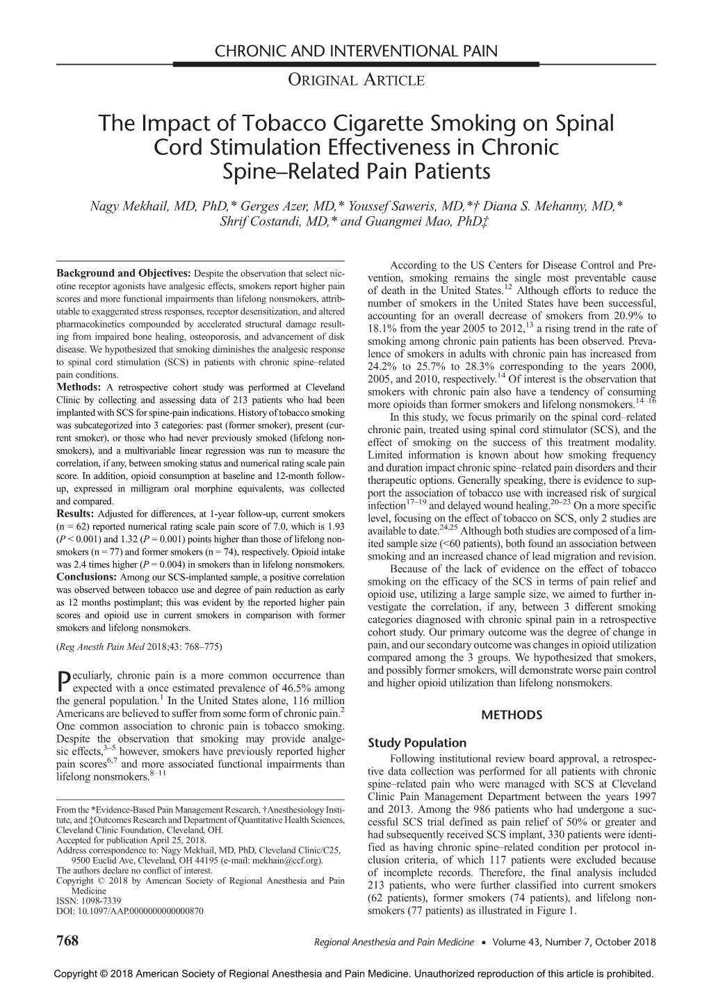 The Impact of Tobacco Cigarette Smoking on Spinal Cord Stimulation Effectiveness in Chronic Spine–Related Pain Patients