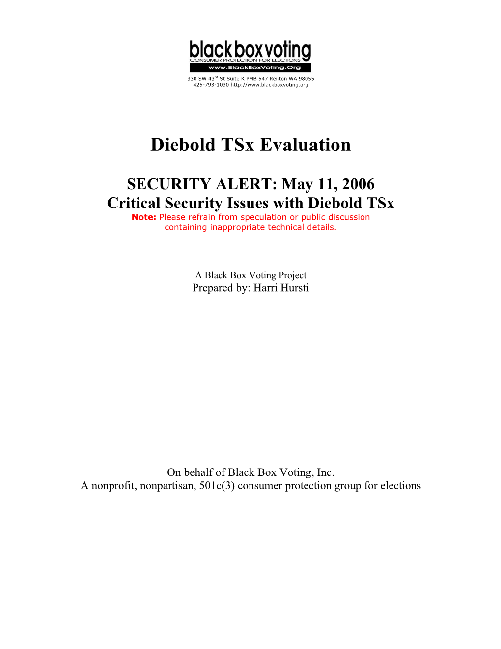 Diebold Tsx Evaluation, SECURITY ALERT