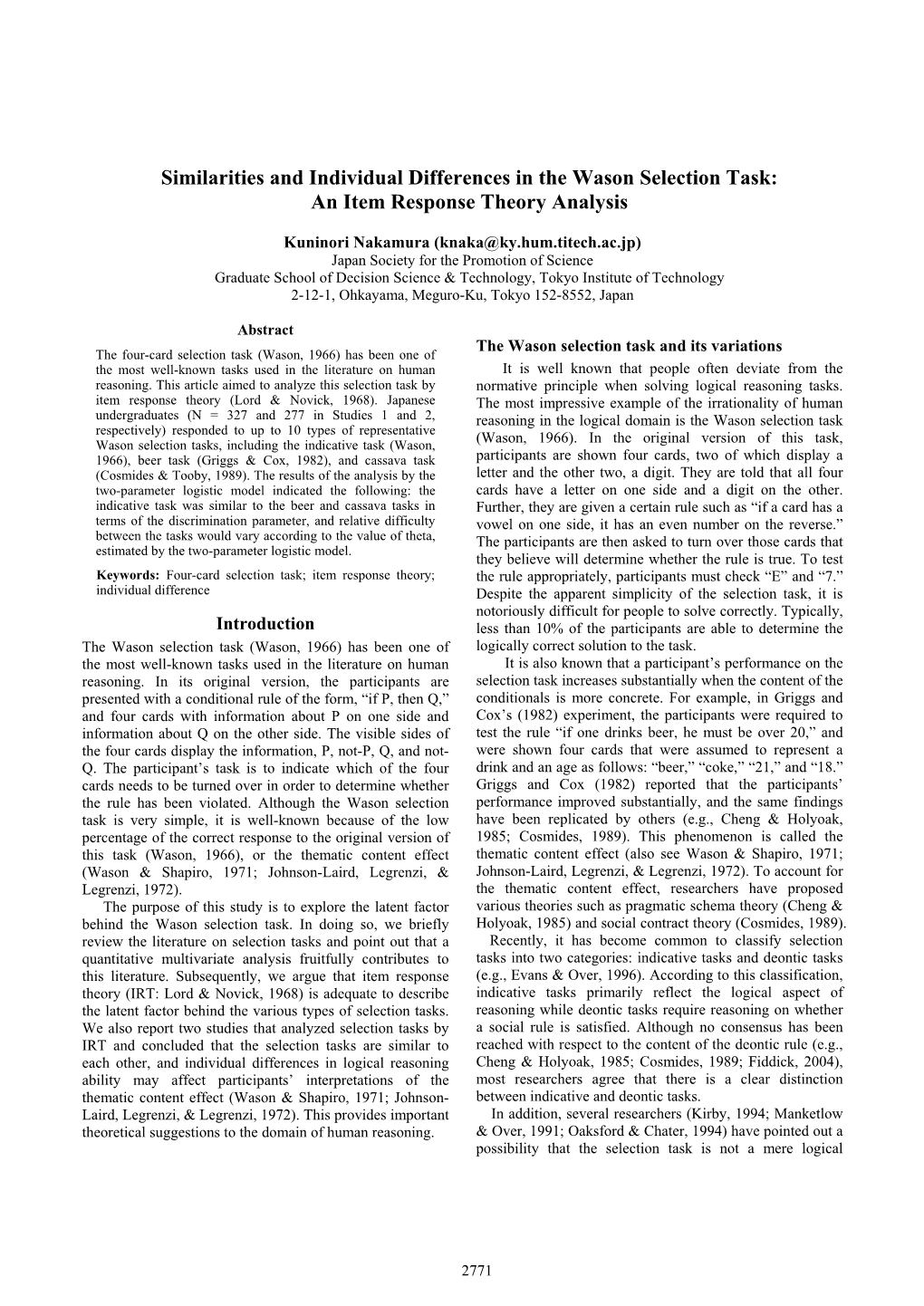 Similarities and Individual Differences in the Wason Selection Task: an Item Response Theory Analysis