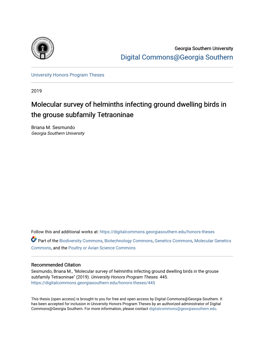 Molecular Survey of Helminths Infecting Ground Dwelling Birds in the Grouse Subfamily Tetraoninae