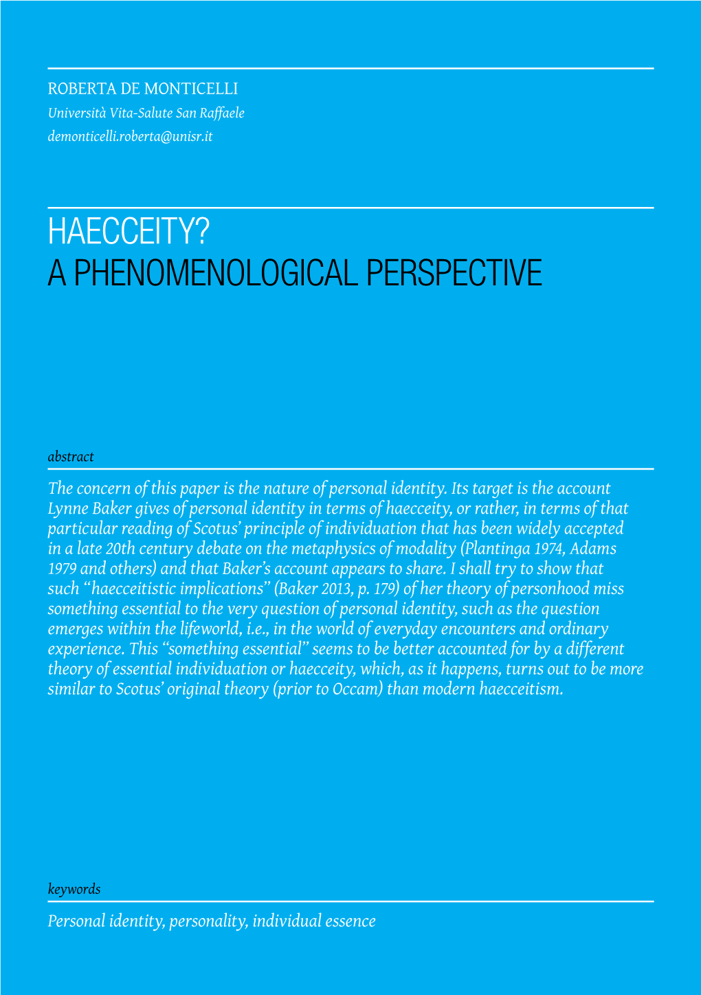 Haecceity? a Phenomenological Perspective