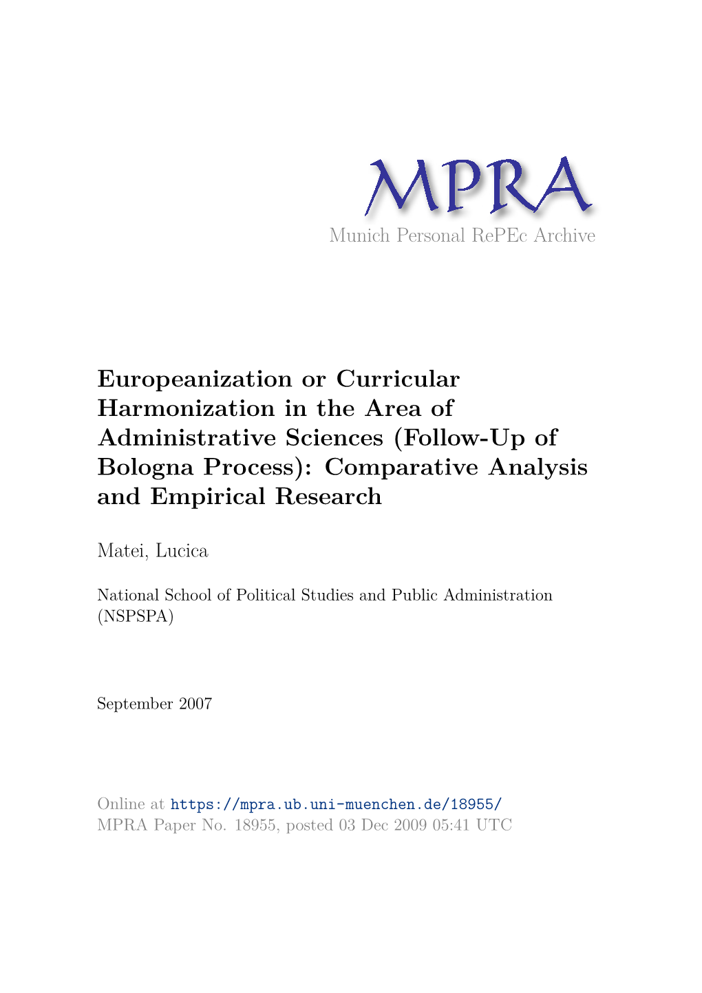 Europeanization Or Curricular Harmonization in the Area of Administrative Sciences (Follow-Up of Bologna Process): Comparative Analysis and Empirical Research