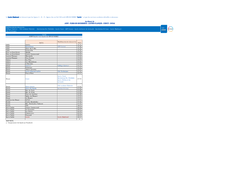 Lignes Arc En Ciel 300 Arrêt SIN-LE-NOBLE "Lycée" ; Et Par Les Services Scolaires Détaillés Ci-Dessous