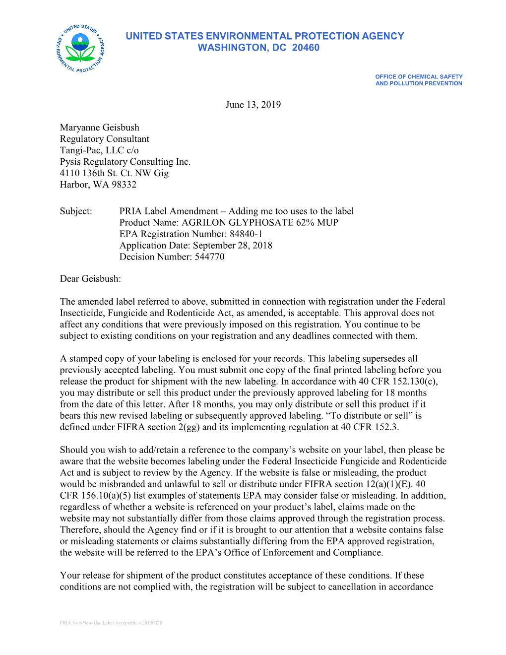 US EPA, Pesticide Product Label, AGRILON GLYPHOSATE 62% MUP,06/13/2019