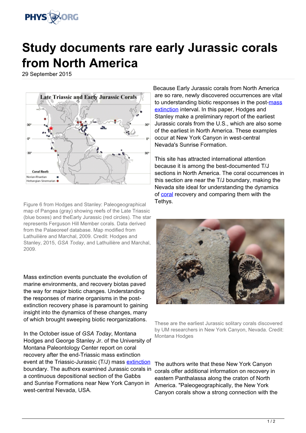 Study Documents Rare Early Jurassic Corals from North America 29 September 2015