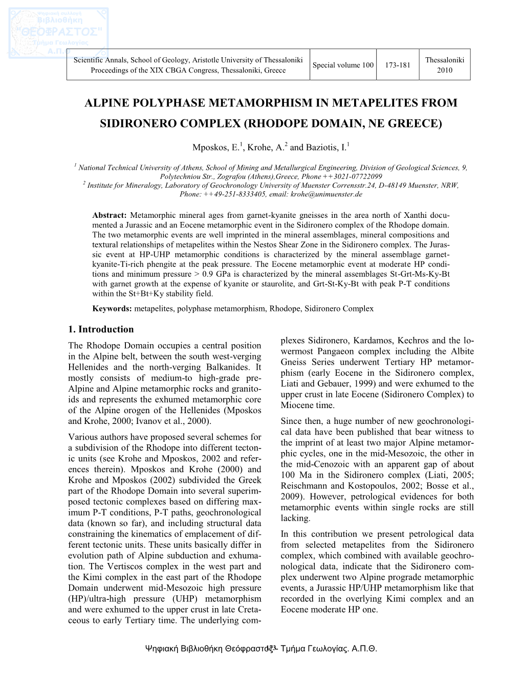 Alpine Polyphase Metamorphism in Metapelites from Sidironero Complex (Rhodope Domain, Ne Greece)