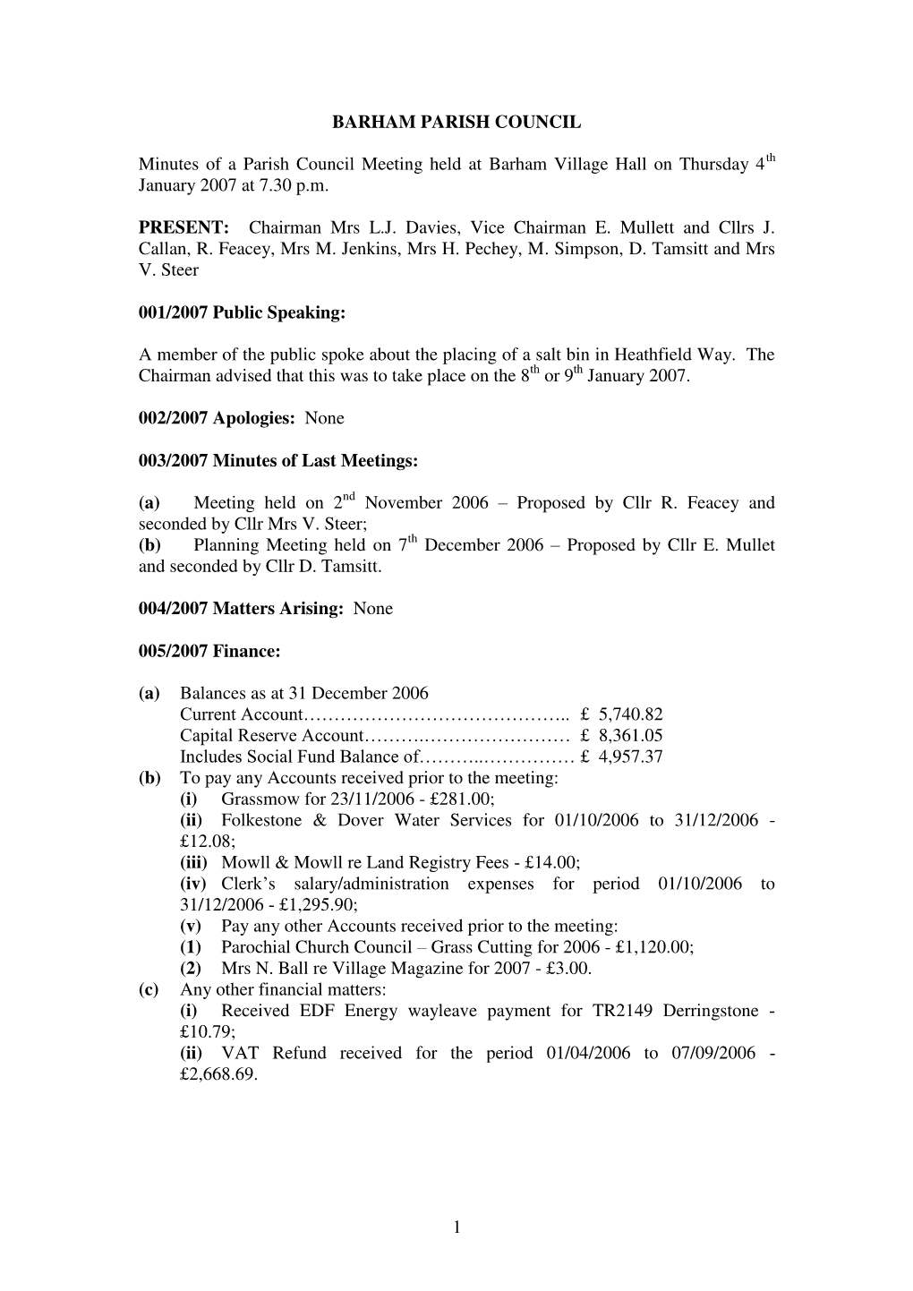 1 BARHAM PARISH COUNCIL Minutes of a Parish Council