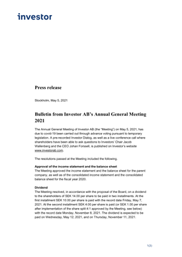 Bulletin from Investor AB's Annual General Meeting 2021