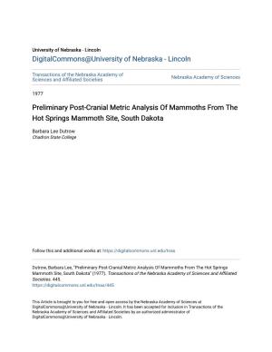 Preliminary Post-Cranial Metric Analysis of Mammoths from the Hot Springs Mammoth Site, South Dakota