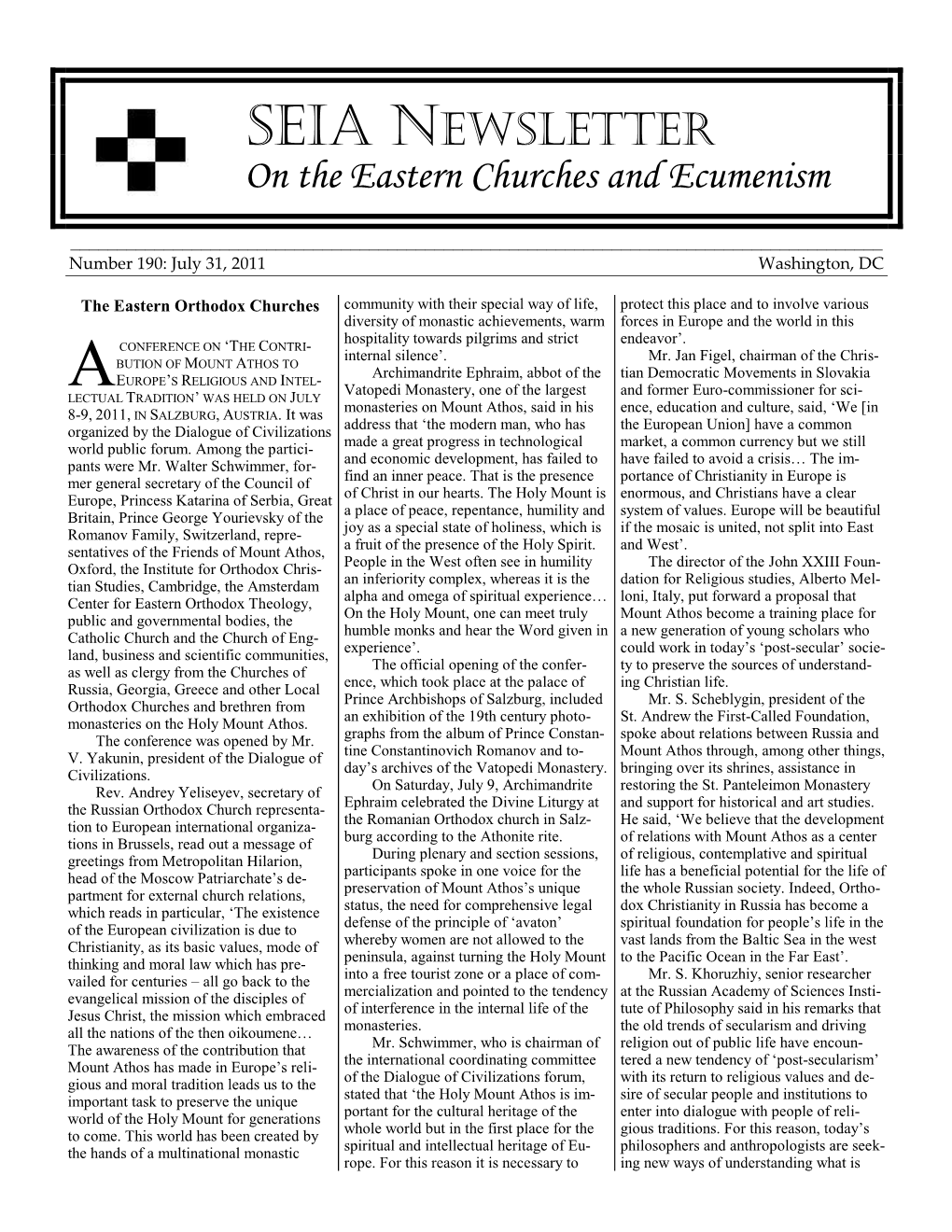 SEIA NEWSLETTER on the Eastern Churches and Ecumenism ______Number 190: July 31, 2011 Washington, DC