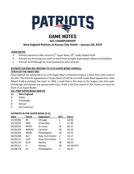 GAME NOTES AFC CHAMPIONSHIP New England Patriots at Kansas City Chiefs – January 20, 2019