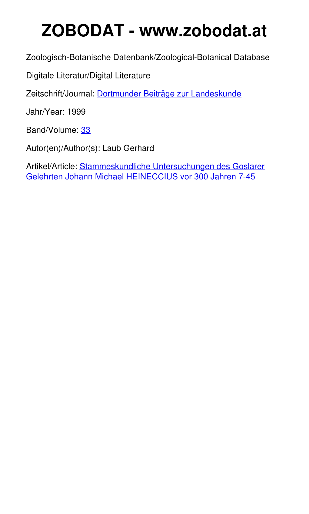 Stammeskundliche Untersuchungen Des Goslarer Gelehrten Johann Michael HEINECCIUS Vor 300 Jahren 7-45 Dortmunder Beitr