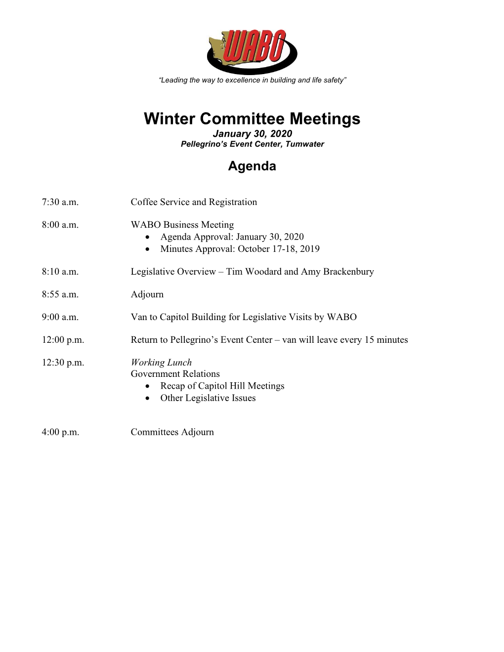 Winter Committee Meetings January 30, 2020 Pellegrino’S Event Center, Tumwater