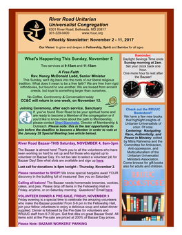 River Road Unitarian Universalist Congregation 6301 River Road, Bethesda, MD 20817 301-229-0400 Eweekly Newsletter: November 2 - 11, 2017