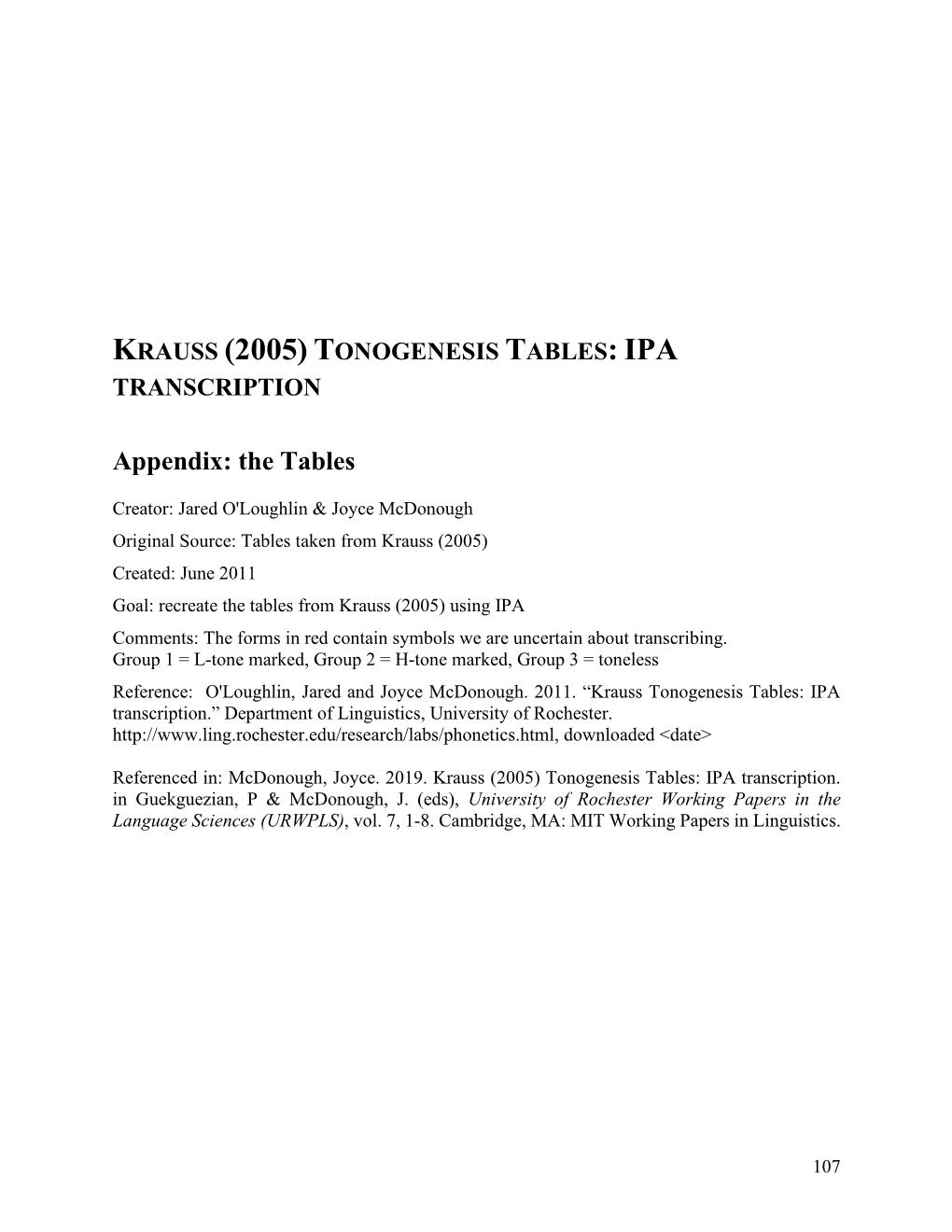 Appendix for Krauss (2005) Tonogenesis Tables