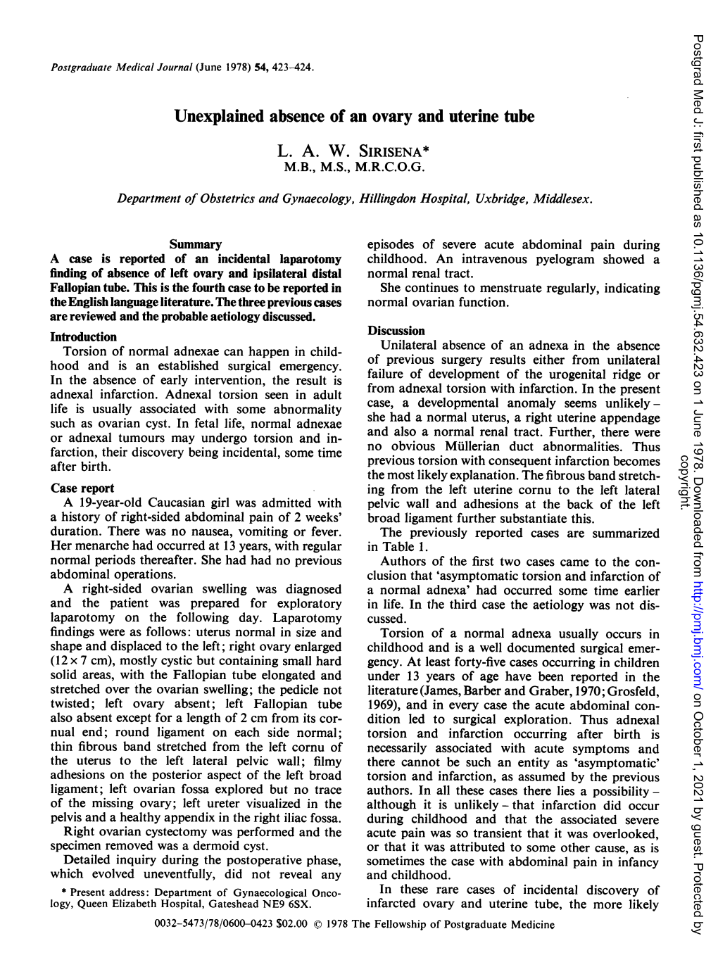 Unexplained Absence of an Ovary and Uterine Tube L