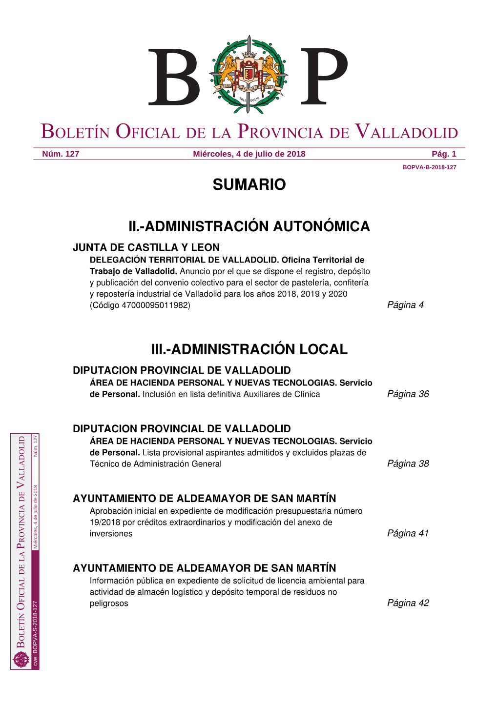 Sumario Boletín Oficial De La Provincia De Valladolid