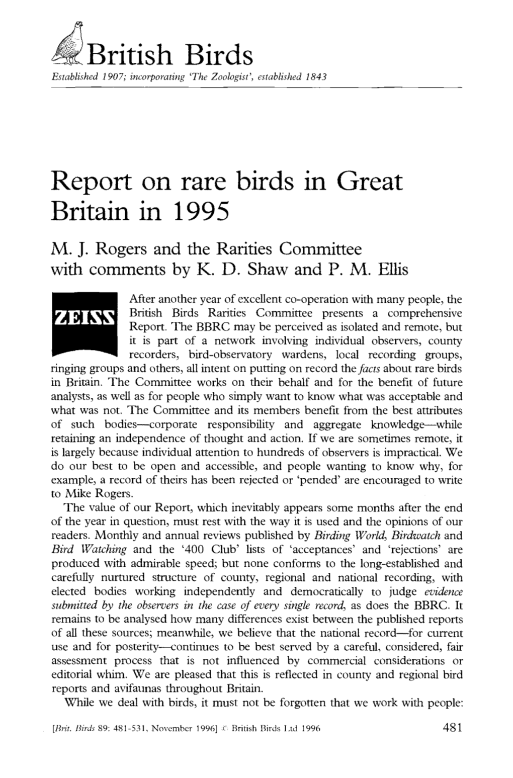 British Birds Report on Rare Birds in Great Britain in 1995