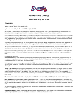 Atlanta Braves Clippings Saturday, May 21, 2016 Braves.Com