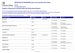 27-September-2013 Register of Sponsors Licensed Under the Points-Based System