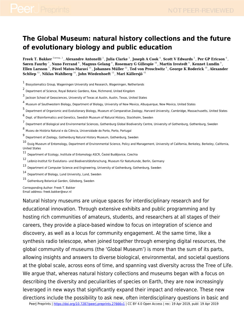 The Global Museum: Natural History Collections and the Future of Evolutionary Biology and Public Education