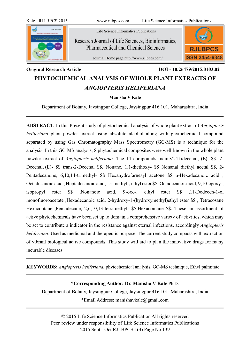 Phytochemical Analysis of Whole Plant Extracts Of