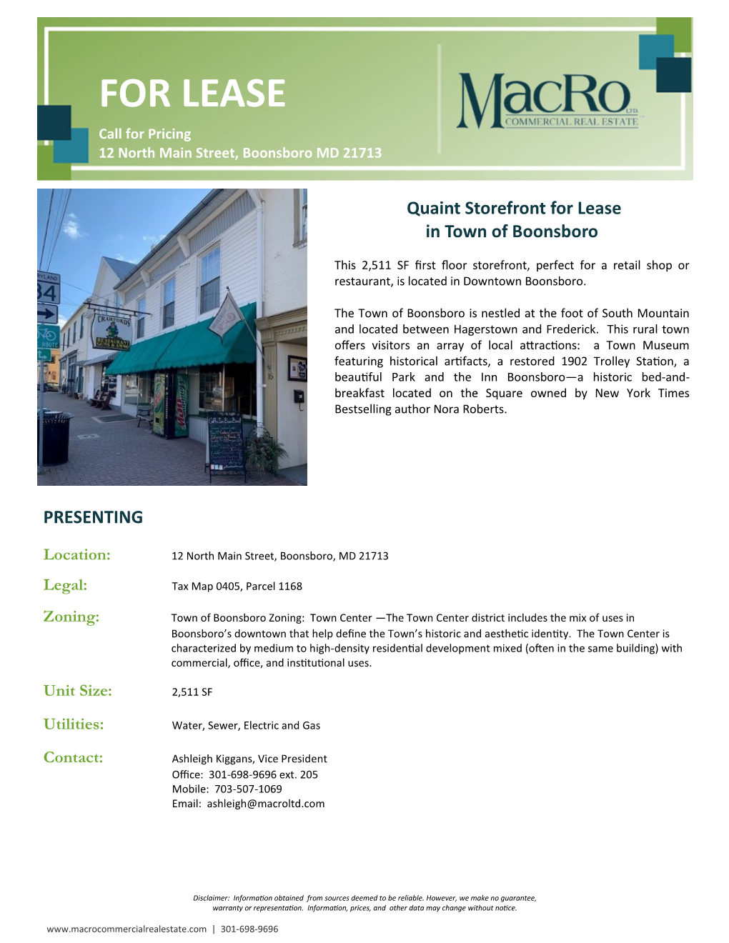 FOR LEASE Call for Pricing 12 North Main Street, Boonsboro MD 21713