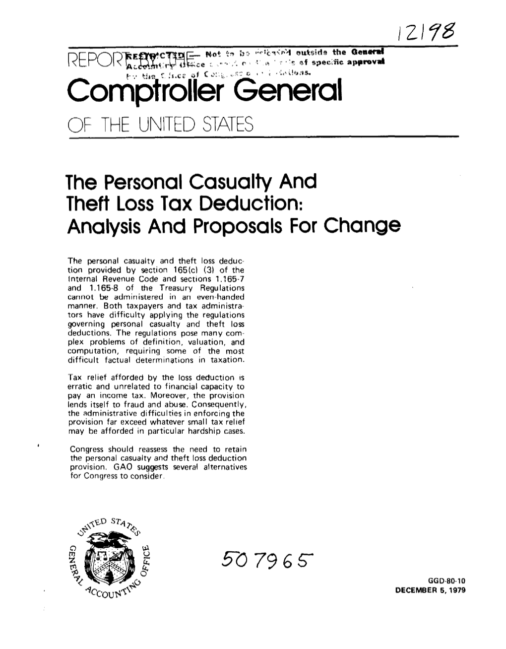 GGD-80-10 the Personal Casualty and Theft Loss Tax Deduction