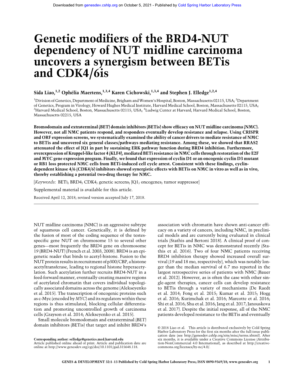 Genetic Modifiers of the BRD4-NUT Dependency of NUT Midline Carcinoma Uncovers a Synergism Between Betis and CDK4/6Is