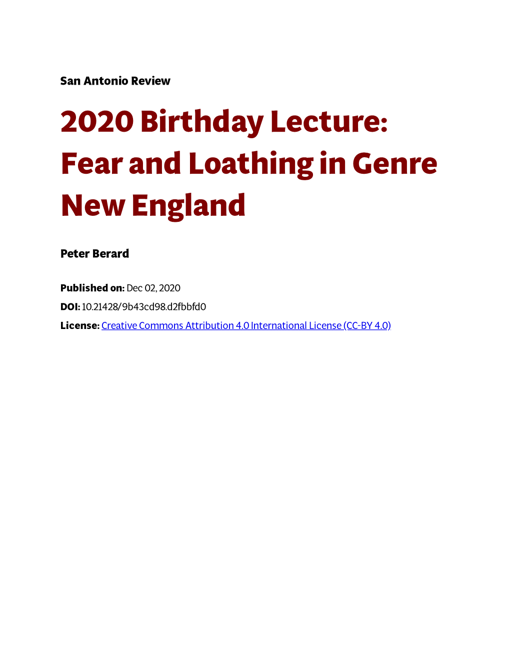 2020 Birthday Lecture: Fear and Loathing in Genre New England