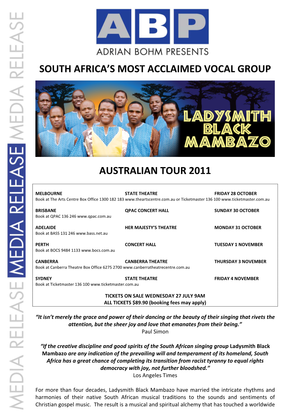 South Africa's Most Acclaimed Vocal Group Australian Tour 2011