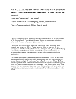 The Palau Arrangement for the Management of the Western Pacific Purse Seine Fishery - Management Scheme (Vessel Day Scheme)